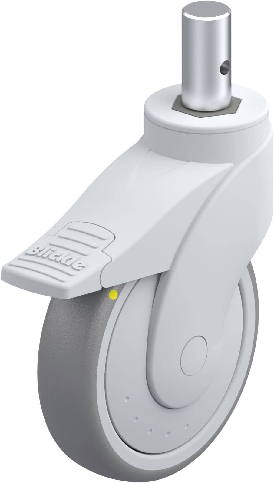 Weißes Laufrollrad mit Feststeller aus Kunststoff und Metall für Möbel oder Geräte.