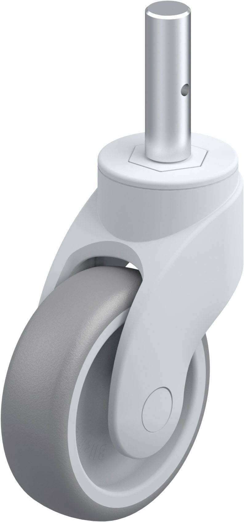 Schwenkrolle mit grauem Rad, silbernem Stift zur Befestigung. Geeignet für Möbel oder Geräte zum leichten Bewegen.