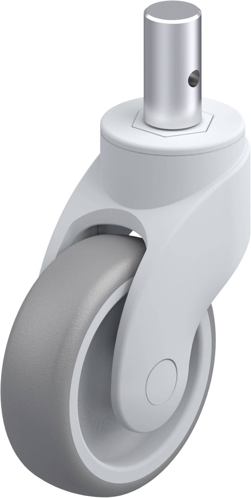 Grau-weißes Schwenkrolle mit zylindrischem Befestigungsstift, geeignet für Möbel oder Geräte mit leichtem bis mittlerem Gewicht.