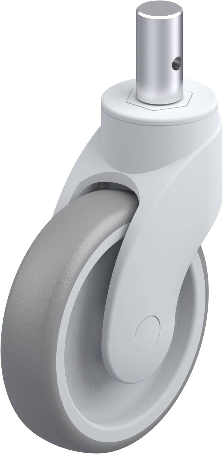 Ein graues Lenkrolle mit Halterung. Runde, glatte Oberfläche, geeignet für Möbel oder Geräte.