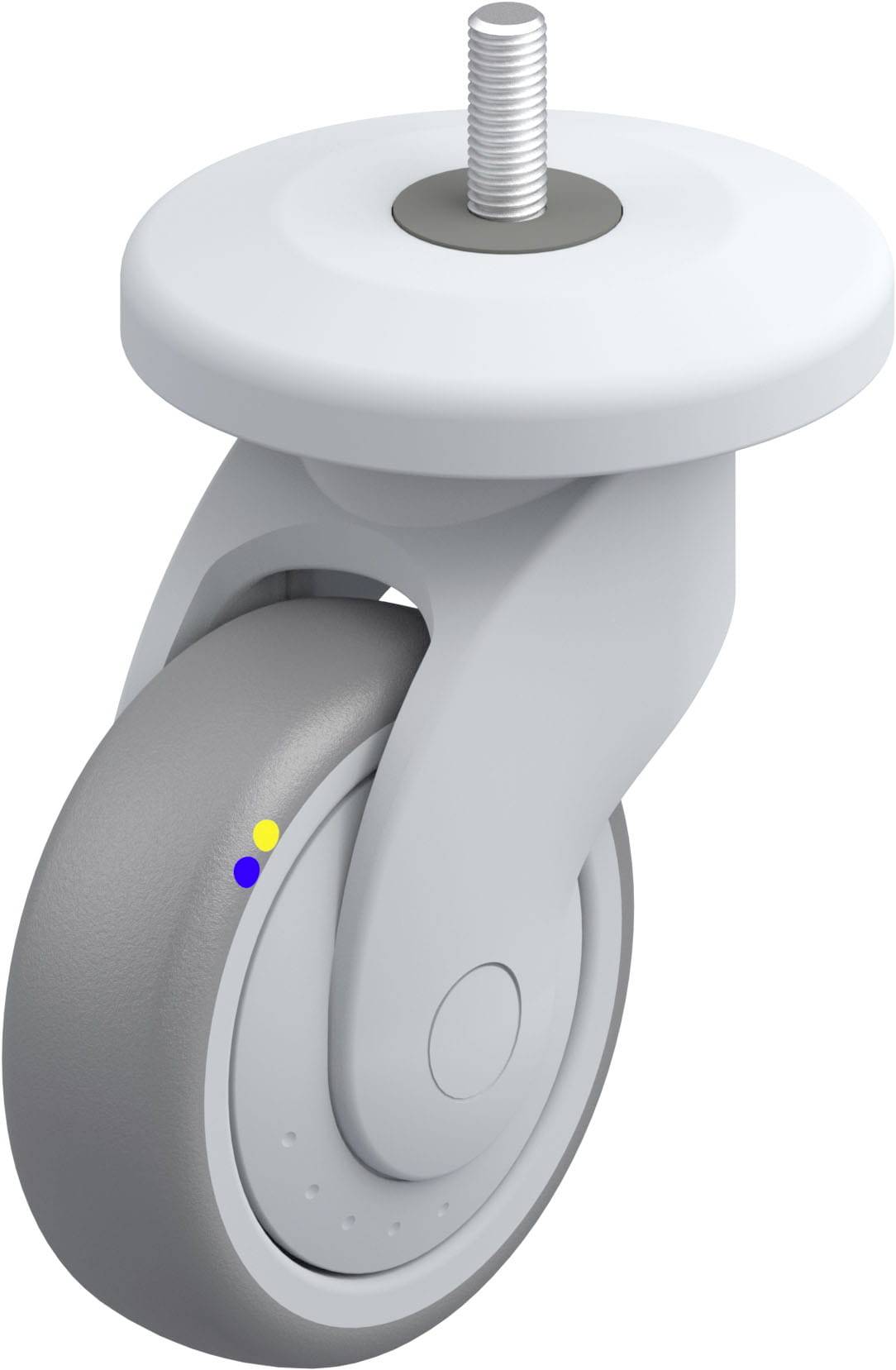Graue Lenkrolle mit Befestigungsstift, geeignet für Möbel oder Geräte, zeigt ein schlichtes, modernes Design.