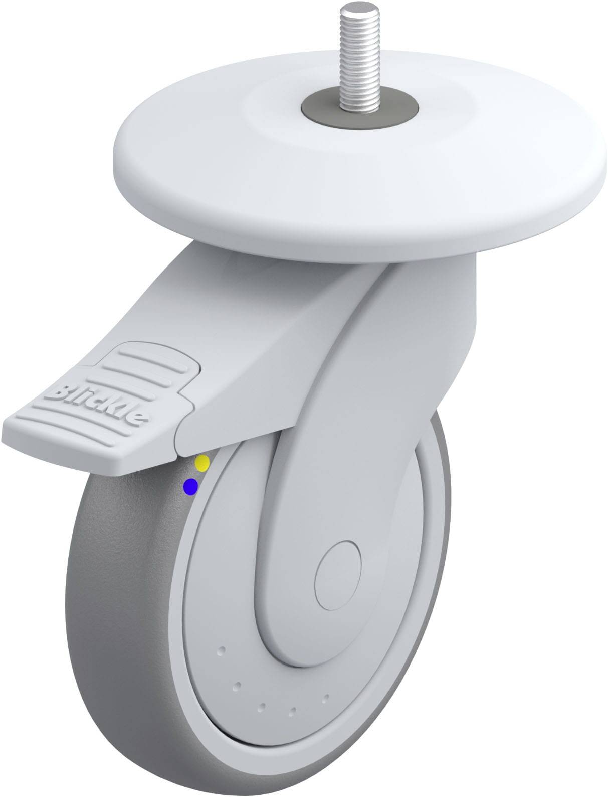 Industrie-Rolle mit grauem Rad, silbernem Gewinde und weißem Gehäuse. Für Möbel oder Geräte geeignet.