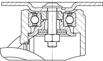 Technische Zeichnung eines Lagerquerschnitts mit Kugellager, Schraube und Gehäuseelementen. Zeigt mechanische Anordnung und Details.
