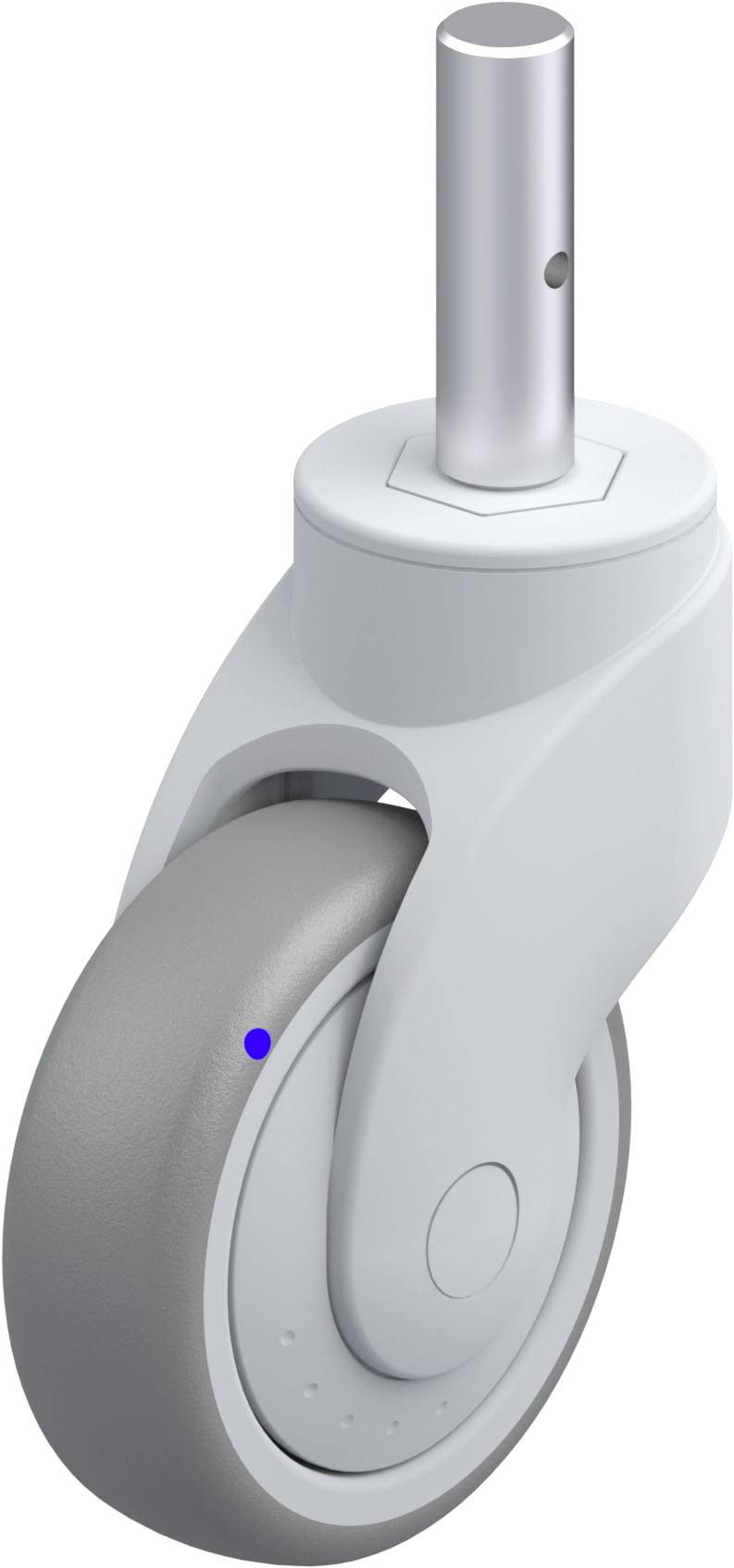 Weiße Möbelrolle mit grauem Rad und silberner Befestigungsstange. Eignet sich für Bürostühle oder Rollmöbel.