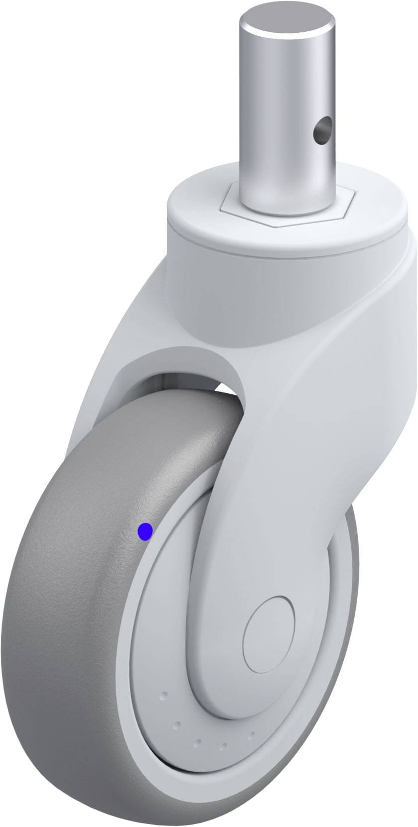 Graues, drehbares Rad mit silbernem Befestigungsstück; könnte als Möbelrolle oder für Geräte verwendet werden.