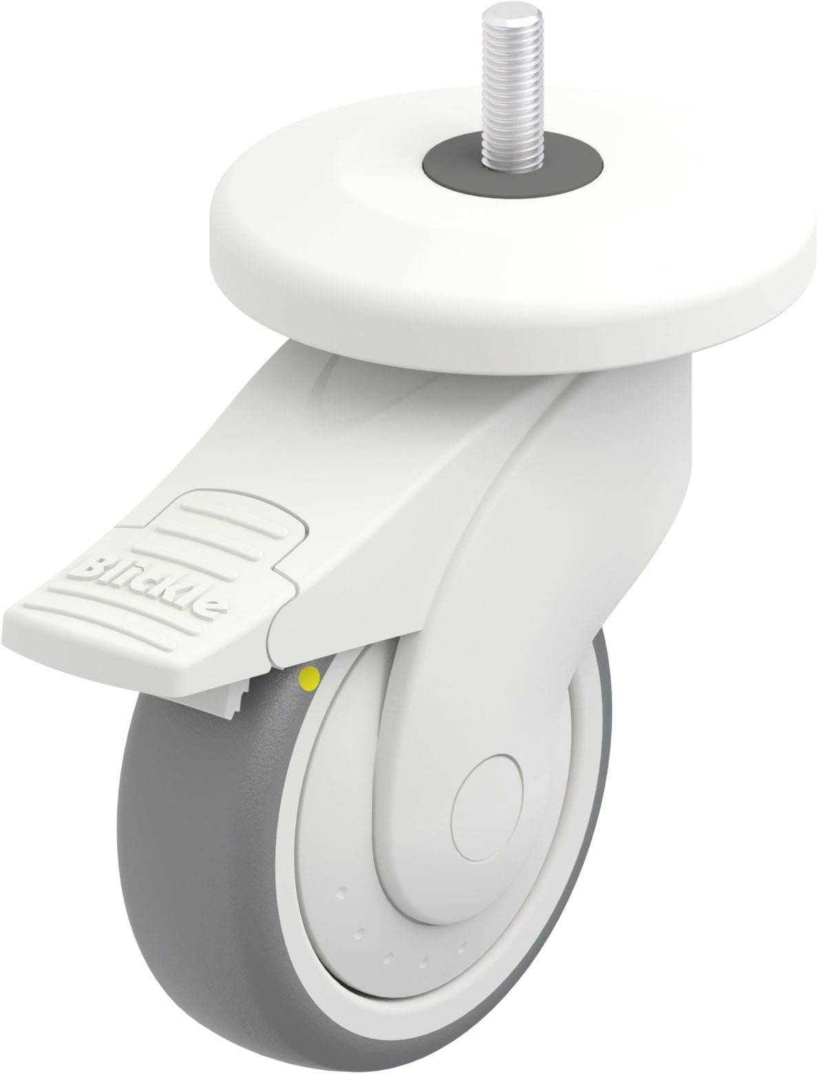 Weißes Möbelrad mit grauer Gummilauffläche und Gewindestift zur Befestigung an Möbelstücken.
