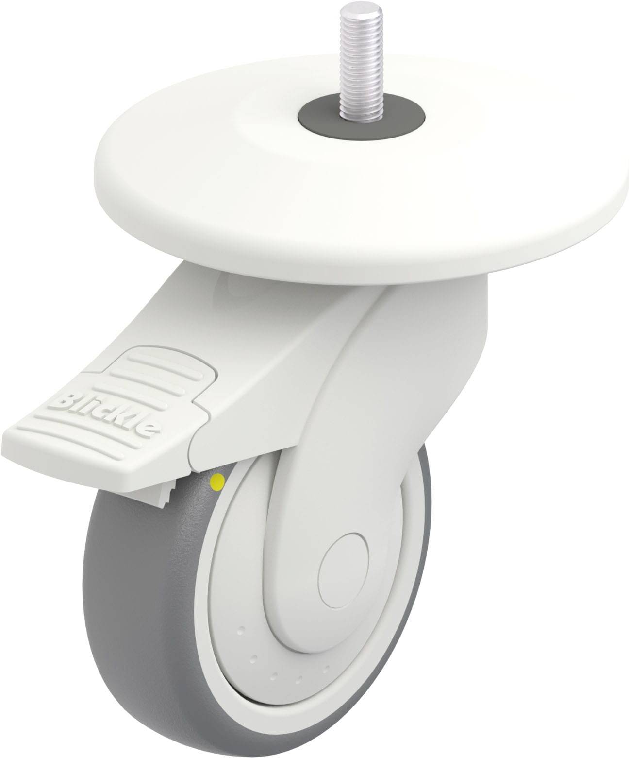Weiße Lenkrolle mit grauem Rad und Gewindebolzen zur Befestigung. Geeignet für Möbel oder Geräte, um Bewegung zu ermöglichen.