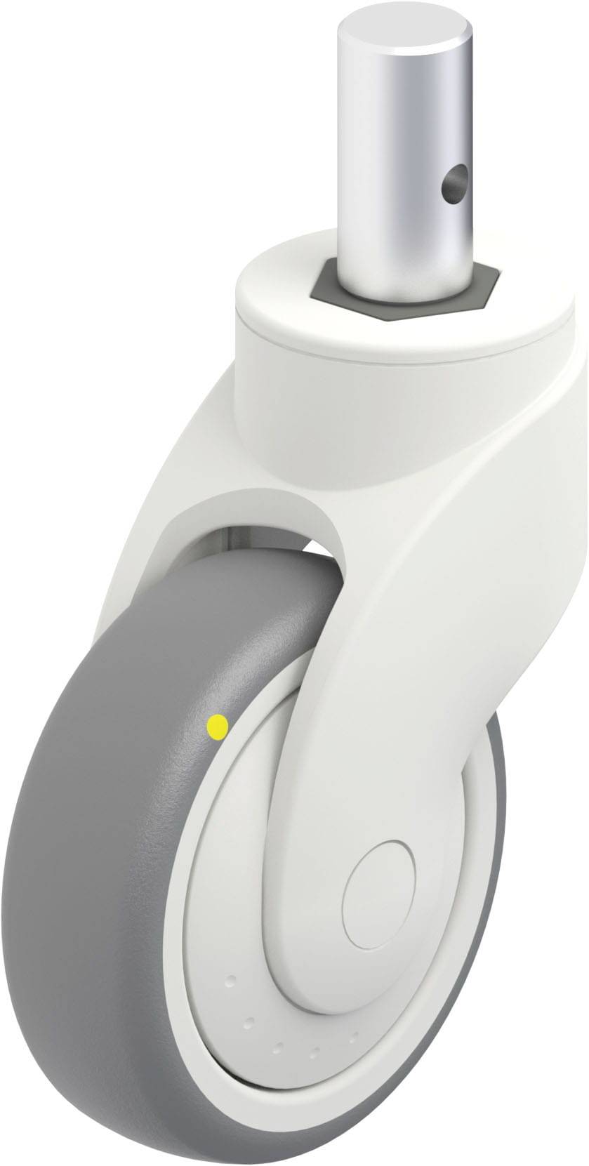 Drehrad mit grauen Gummirad und weißem Gehäuse, geeignet für Möbel oder Geräte.