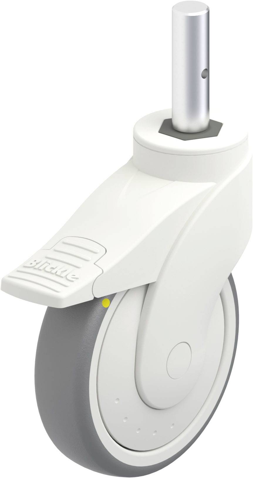 Eine weiße Rolle mit grauem Rad, integriertem Bremspedal und Metallbefestigung. Geeignet für Möbel oder Geräte.