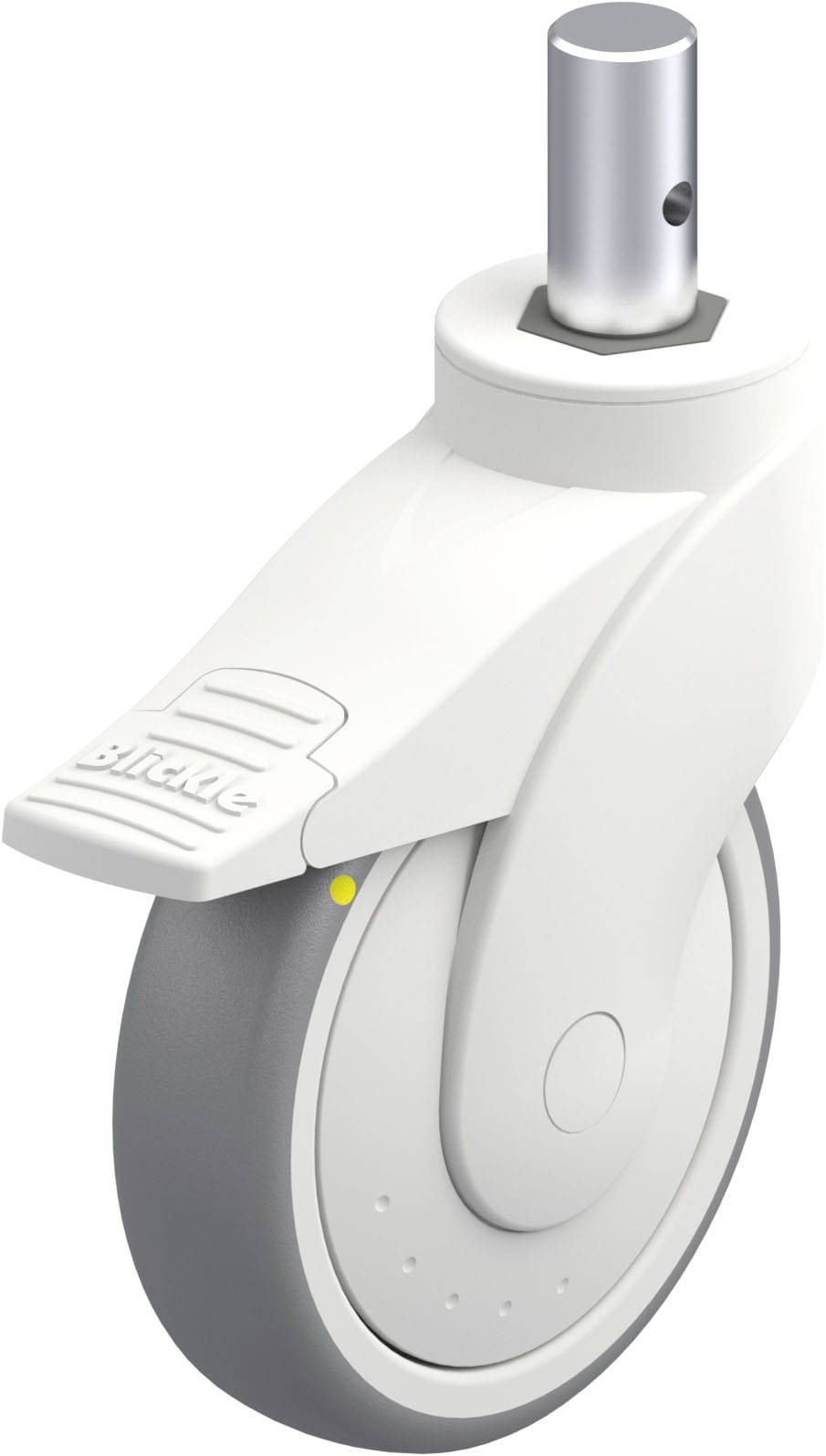 Drehbares Gummirollen-Rad mit weißem Gehäuse und Feststellbremse. Designed für Möbel und Geräte, sieht robust und funktional aus.