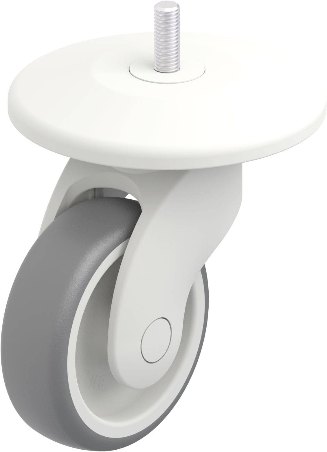 Das Bild zeigt eine graue und weiße Möbelrolle mit einem Gewindestift oben, geeignet für Möbel oder Geräte mit Rollbedarf.