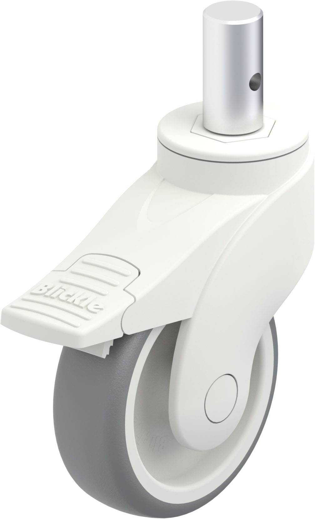 Weißes Lenkrad mit Bremse, das in einem medizinischen oder industriellen Umfeld verwendet wird. Rad mit grauer Gummierung, ergonomisch gestaltet.