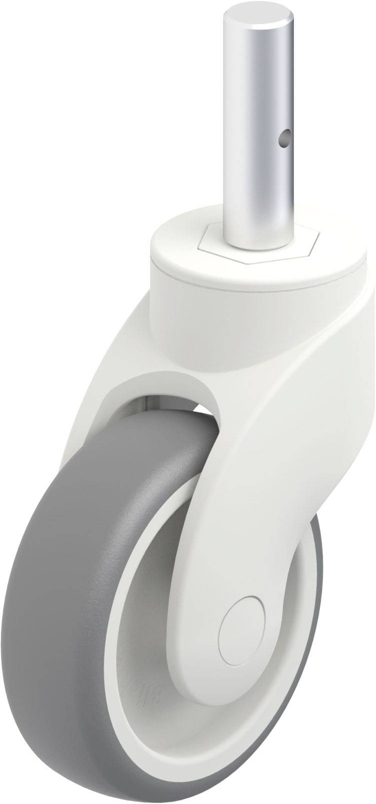 Weißes Möbelrad mit grauem Reifen und silbernem Stift.