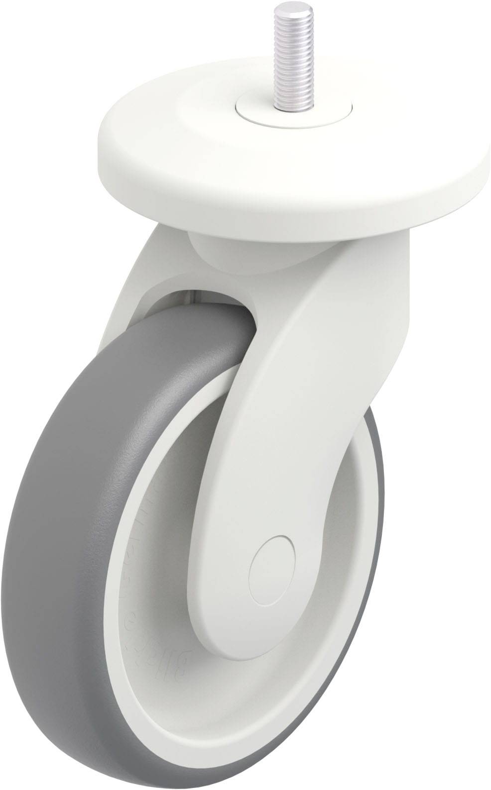 Weißes und graues Straßenrad mit Gewindebolzen oben, geeignet für Möbel oder Geräte.
