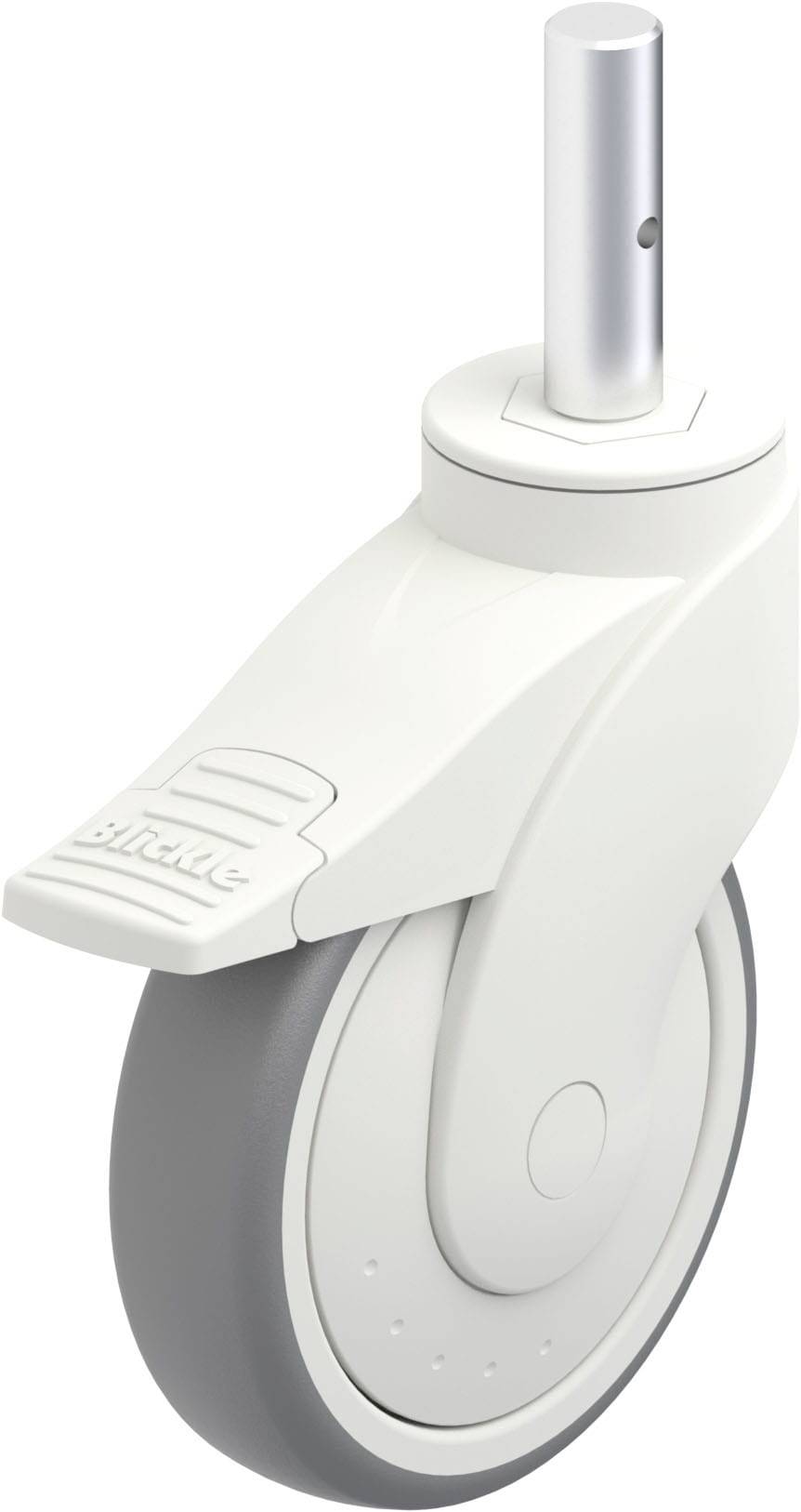 Weißes Gehäuse-Rollenrad mit grauem Gummi, ideal für Möbel oder medizinische Ausrüstung.