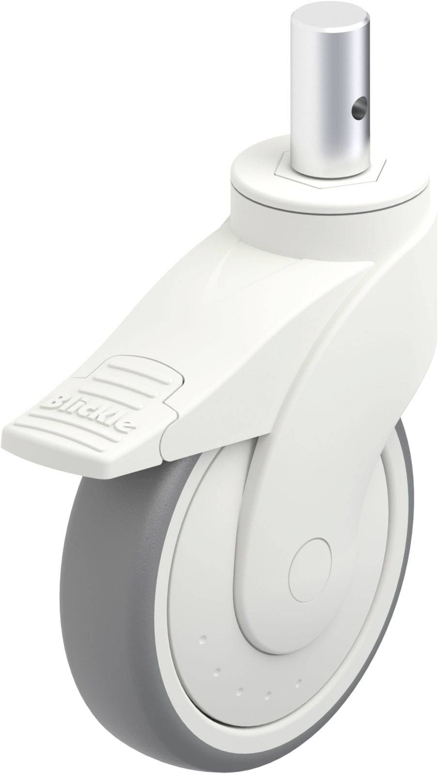Rolle aus Metall und Kunststoff, mit einem grauen Gummirad und einer weißen Halterung. Geeignet für Möbel oder Geräte.