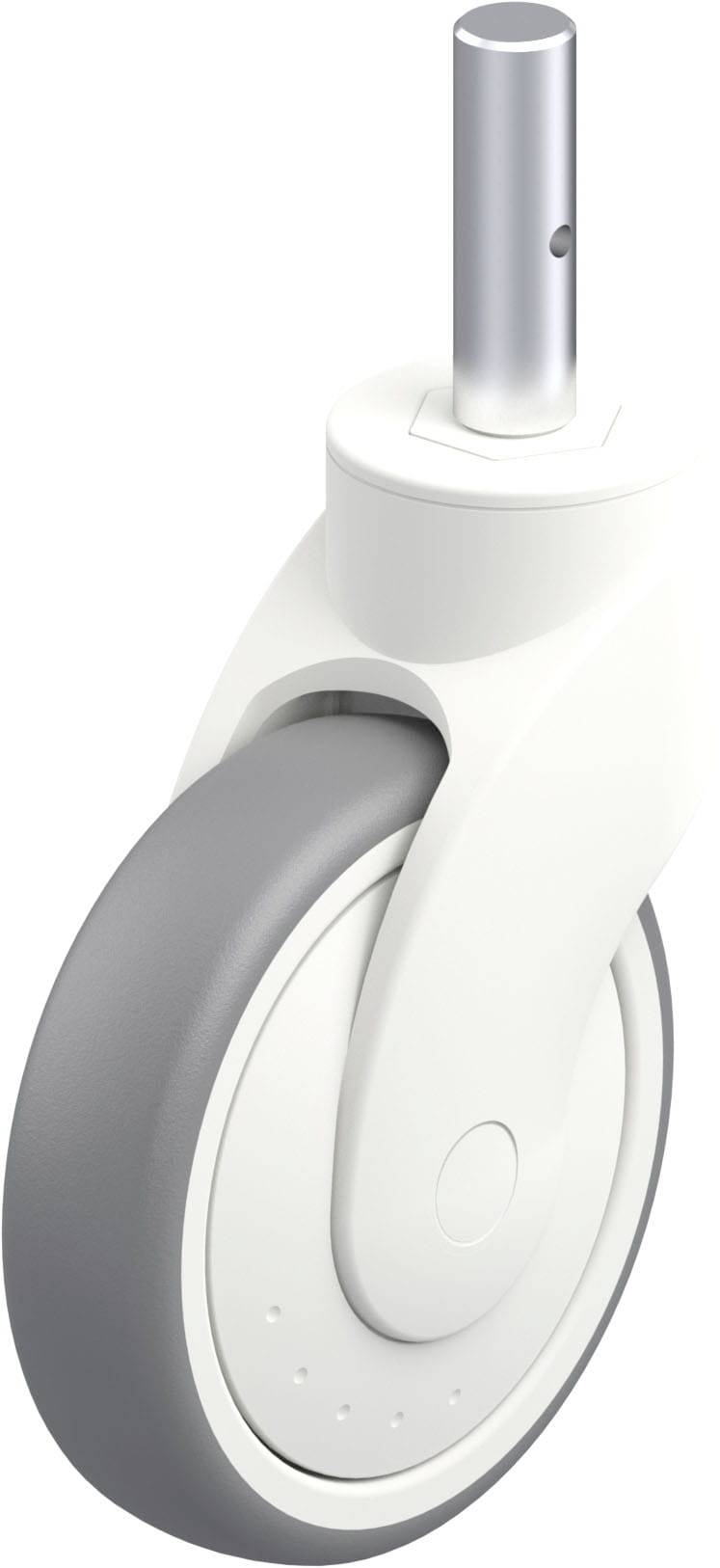 Ein einzelnes graues und weißes Rollrad mit Metallstange, oft für Bürostühle verwendet.