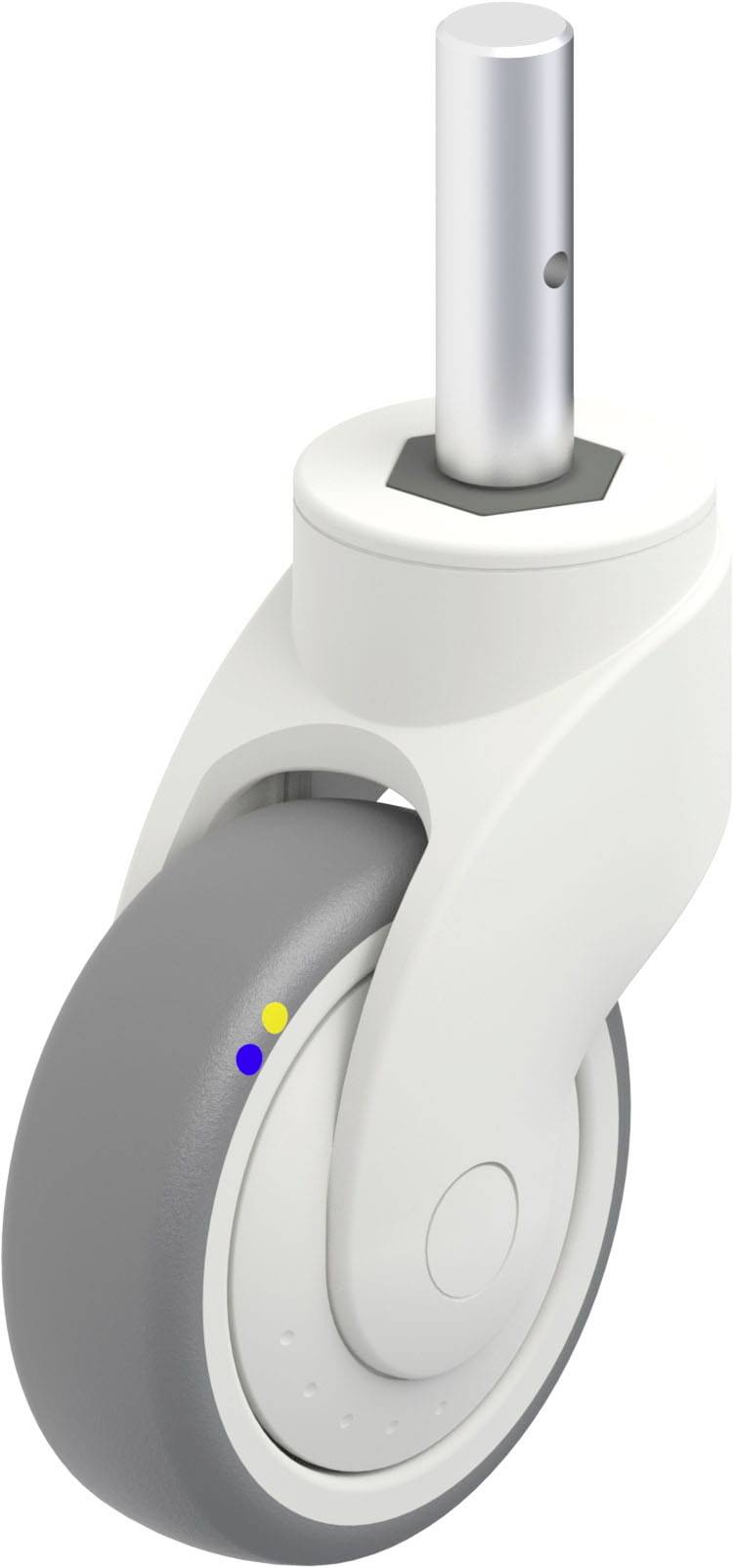 Graue und weiße Lenkrolle mit zylindrischem Metallstift oben, verwendet für Möbel oder Gerätebewegung.