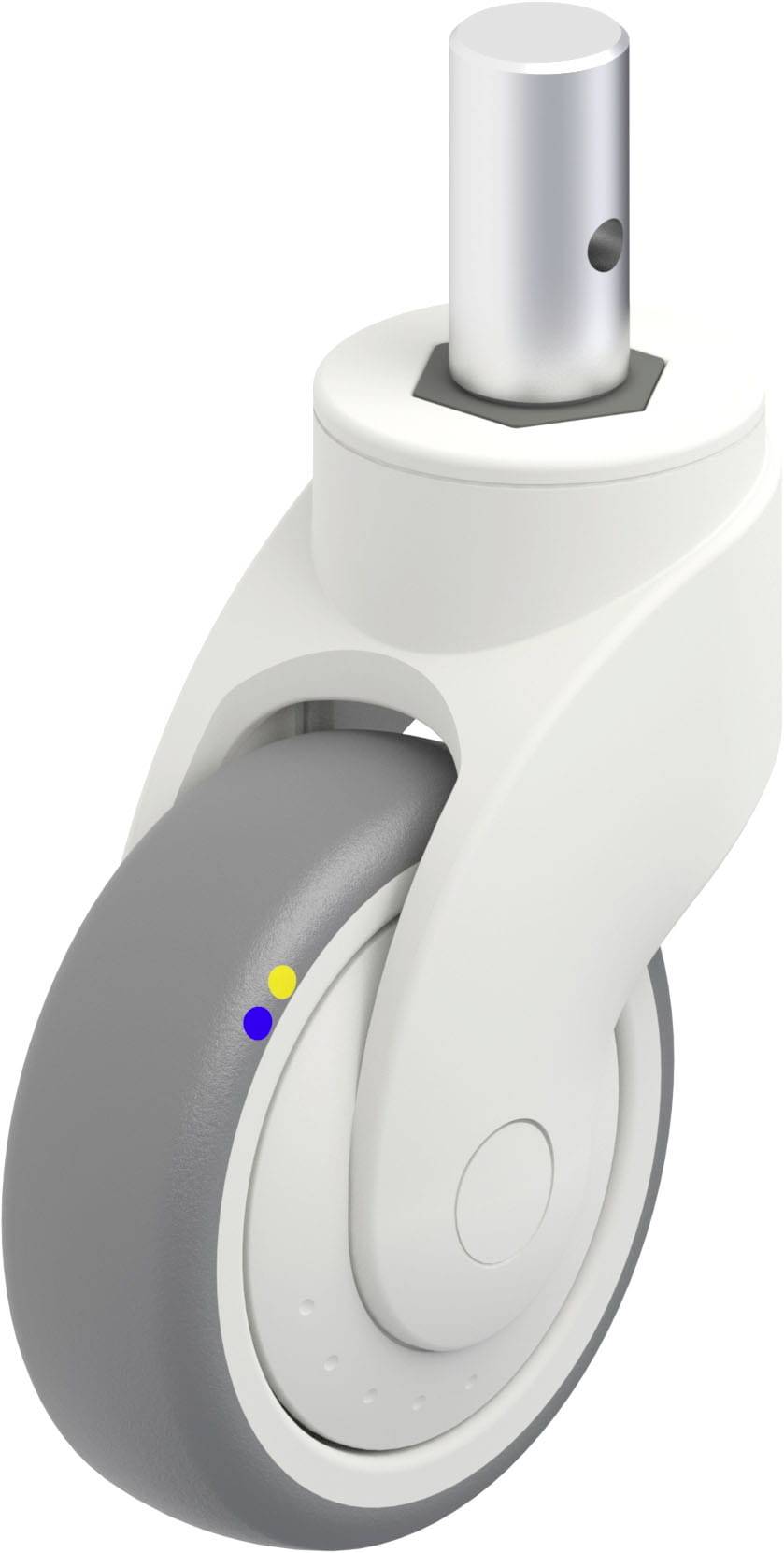 Ein weißes und graues Schwenkrad mit Metallstift. Geeignet zur Befestigung an Möbeln oder Geräten für leichte Manövrierbarkeit.