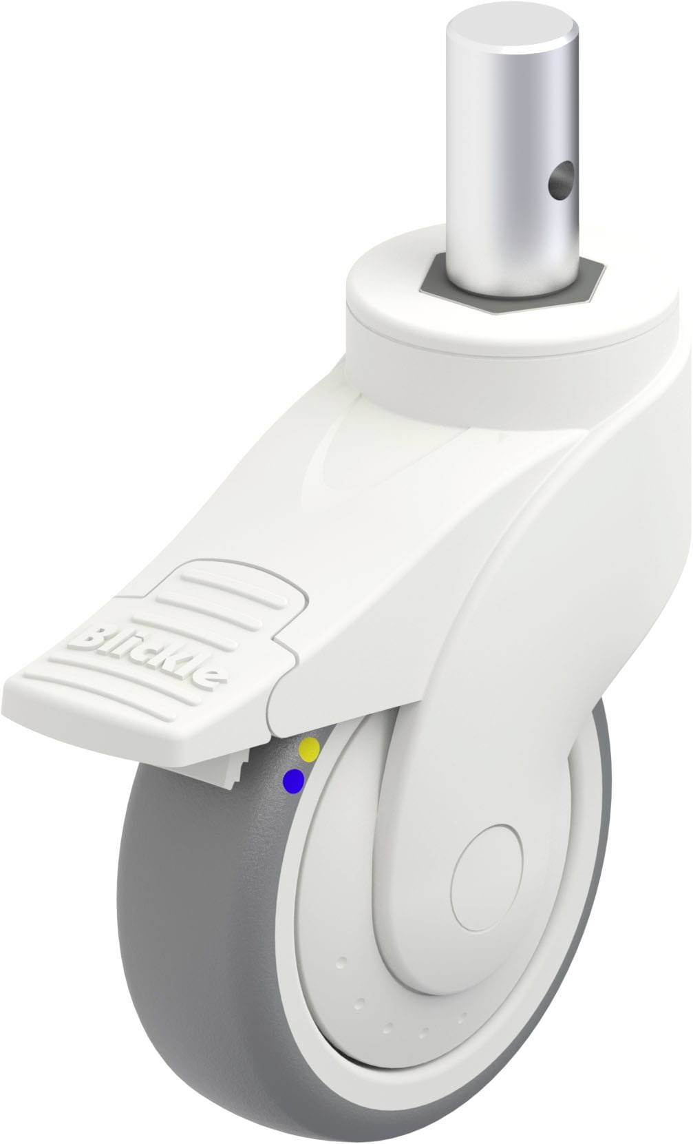Schwenkrolle mit grauem Rad und weißem Gehäuse, ausgestattet mit einer Bremse. Perfekt für flexible Beweglichkeit auf glatten Oberflächen.
