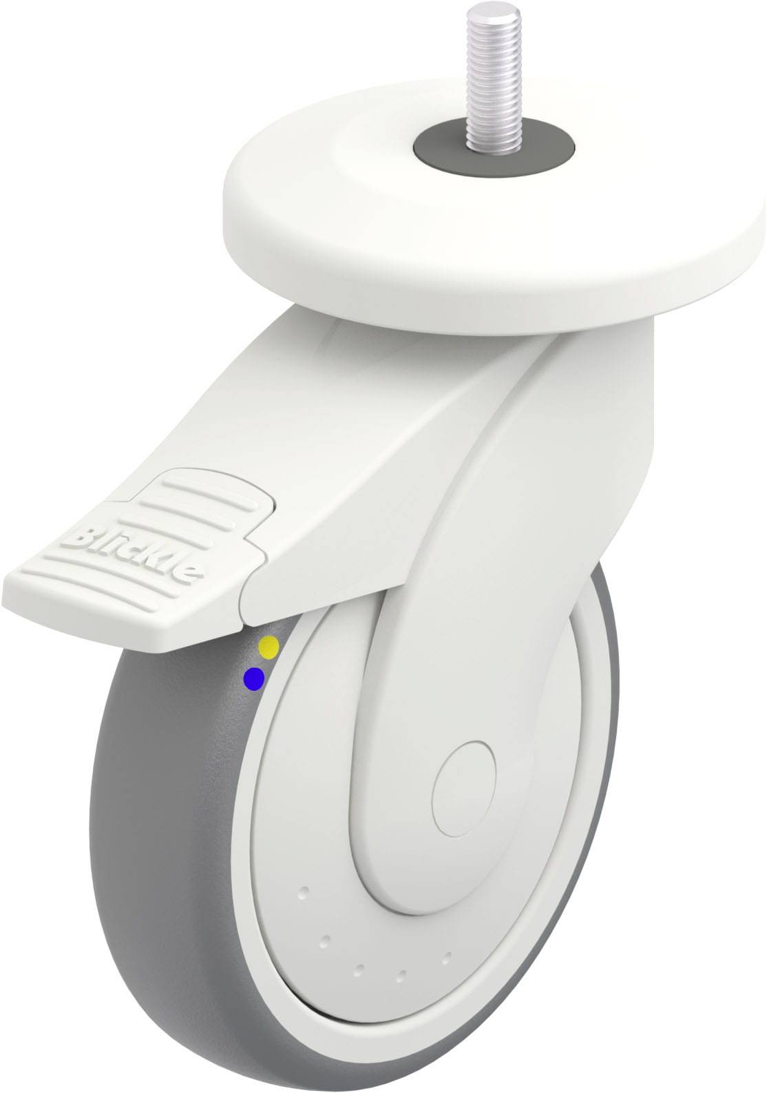Weißes Apparate-Lenkrolle mit grauem Rad, Montageschaft oben. Markierungen auf der Halterung. Geeignet für Mobiliarausrüstung.