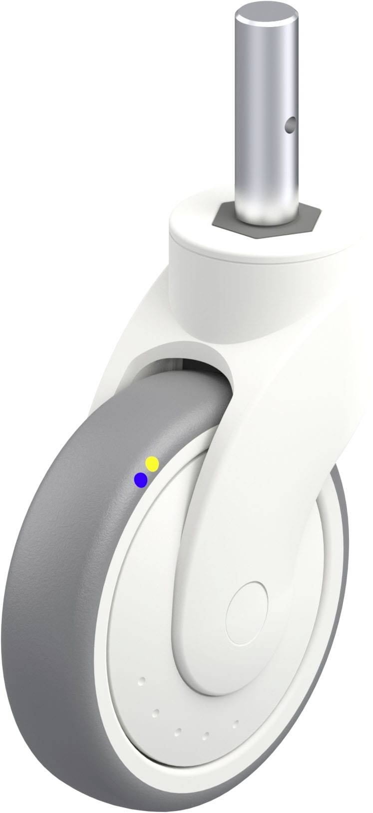 Weiß-graues Drehrad mit Metallstift, verwendet für Möbel oder Geräte. Es hat gelbe und blaue Markenpunkte auf der grauen Oberfläche.