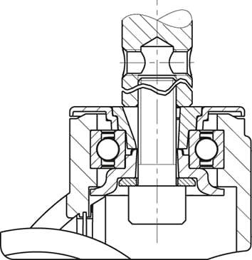 Querschnitt eines mechanischen Bauteils mit Kugellager, zentralem Schaft und Dichtungen, zeigt innere Struktur und Aufbau.