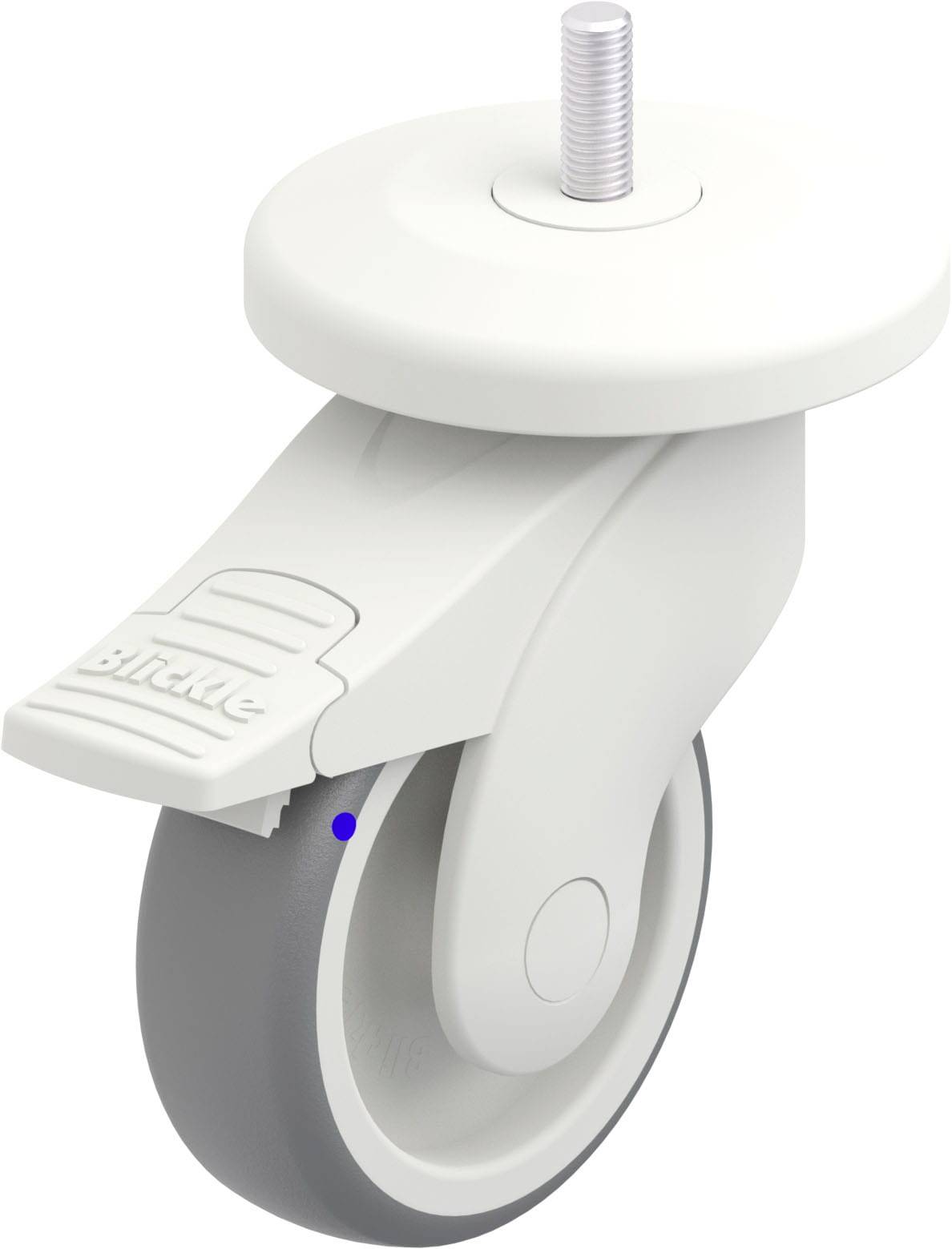 Graue Lenkrolle mit Bremse. Schraubgewinde oben, grau-weiße Farbgebung. Hauptsächlich für Möbel oder Geräte geeignet.