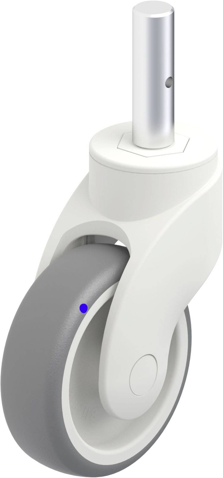 Industrie-Drehrad mit grauer Gummibereifung und weißem Kunststoffgehäuse. Steckachse aus Metall. Geeignet für Mobilität von Geräten.