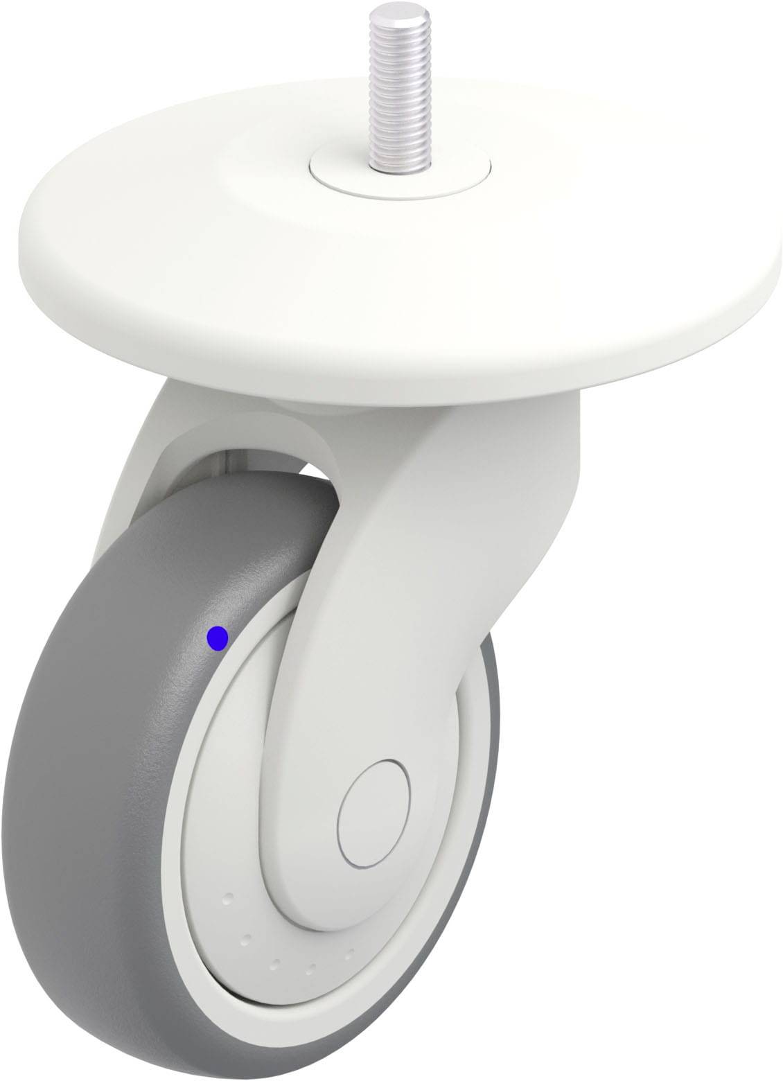 Weißes Lenkrad aus Kunststoff mit grauem Gummireifen, geeignet für Büromöbel oder medizinische Geräte.