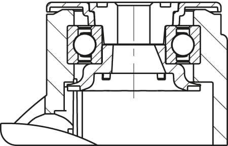 Querschnitt eines technischen Bauteils, das zwei Kugellager zeigt, die in einer Metallstruktur eingebettet sind. Hauptkomponenten sind beschriftet.