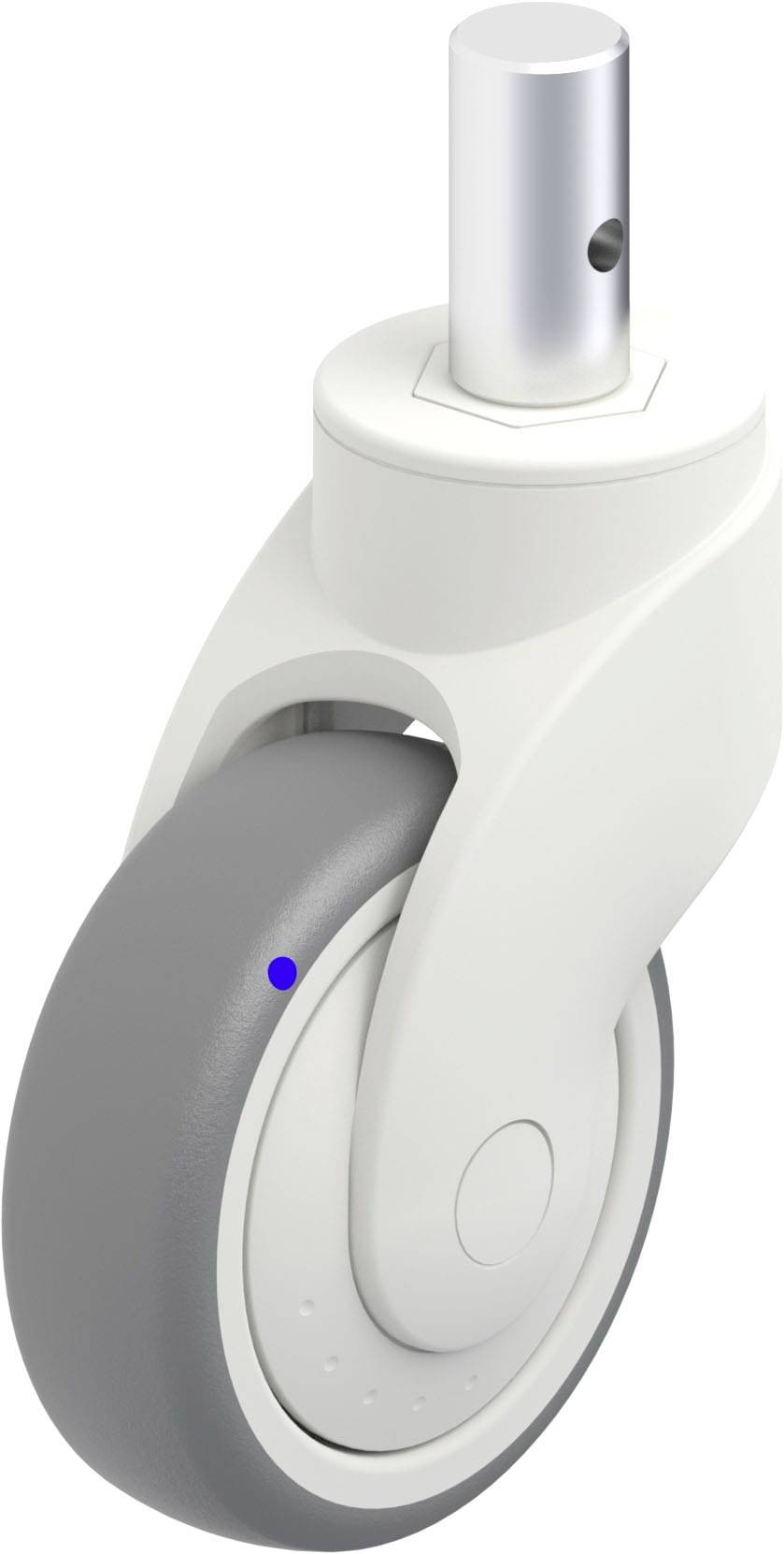 Graues Rad mit weißem Gehäuse und Metallstift oben, geeignet für Möbel oder Geräte, bietet einfache Mobilität und Stabilität.