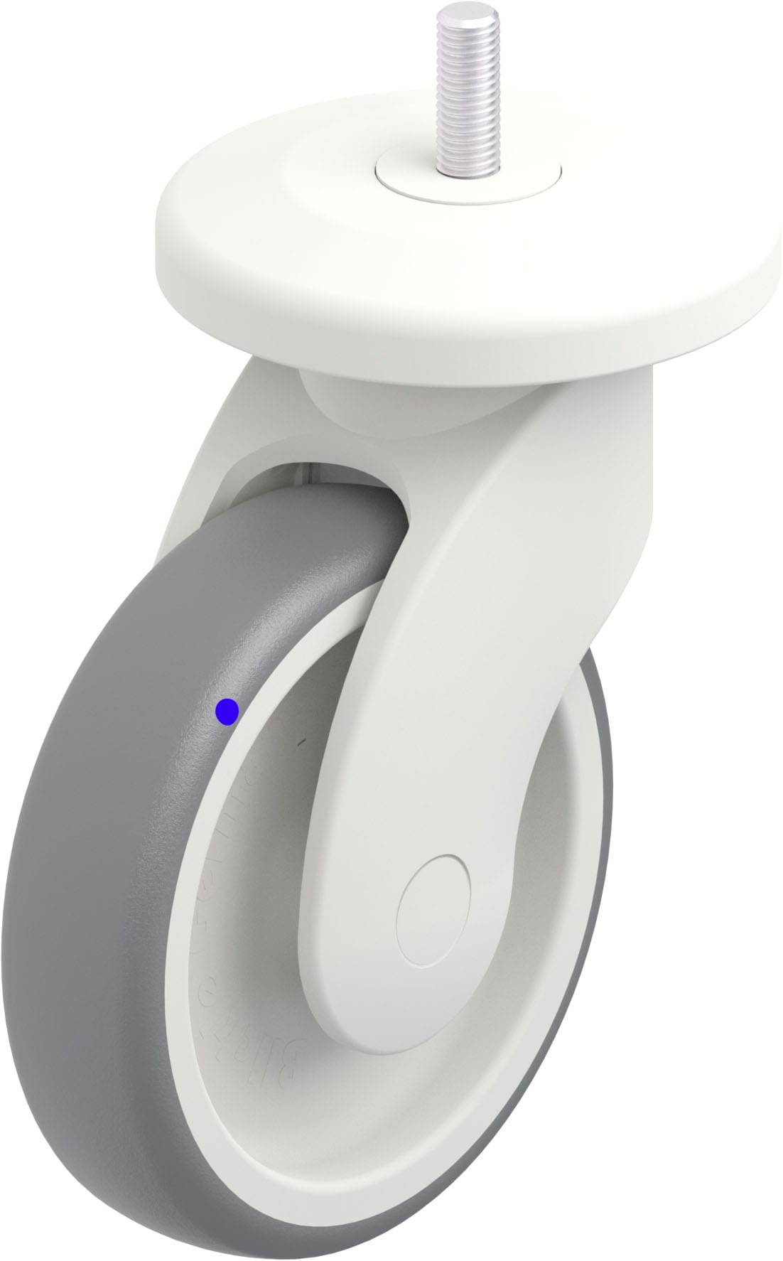 Ein drehbares Rad mit grauer Gummibereifung, einer weißen Befestigung und einem Gewindestift oben zum Anbringen.