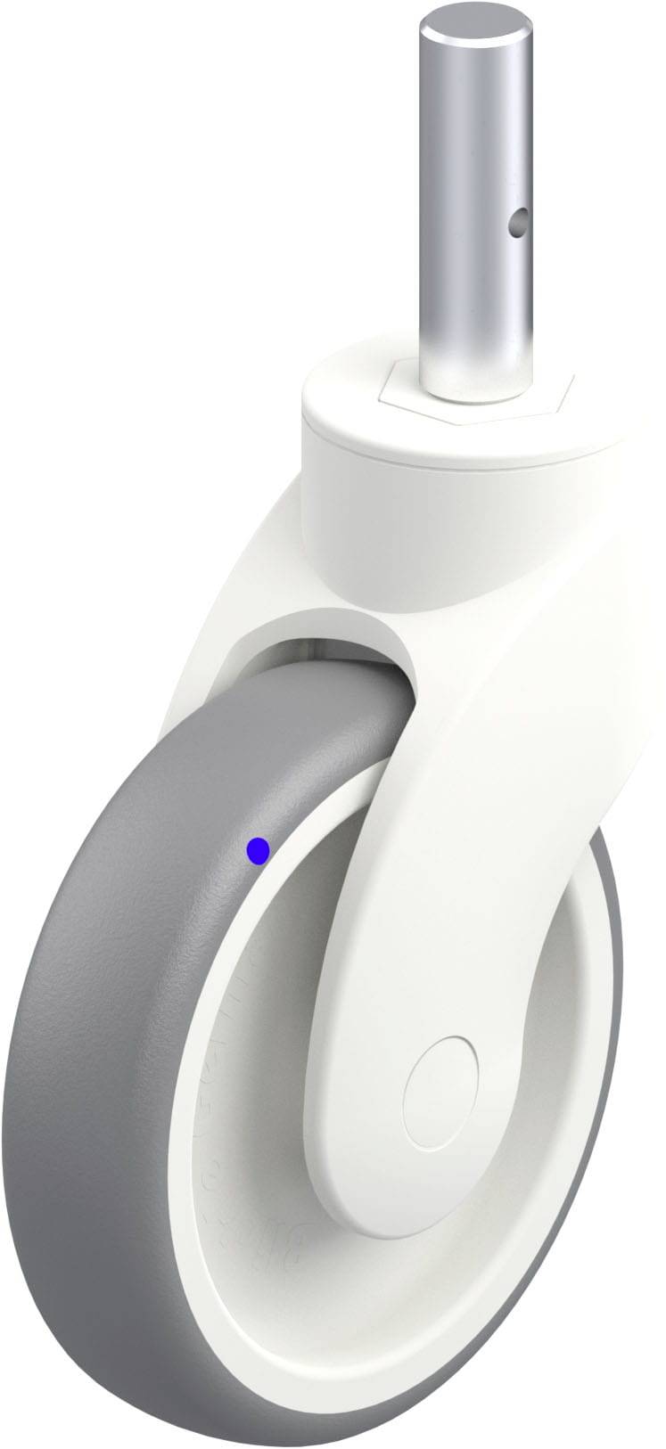Ein weißes Lenkrad mit grauer Lauffläche und zylindrischem Metallstift, oft verwendet an Möbeln oder Geräten zur Mobilität.