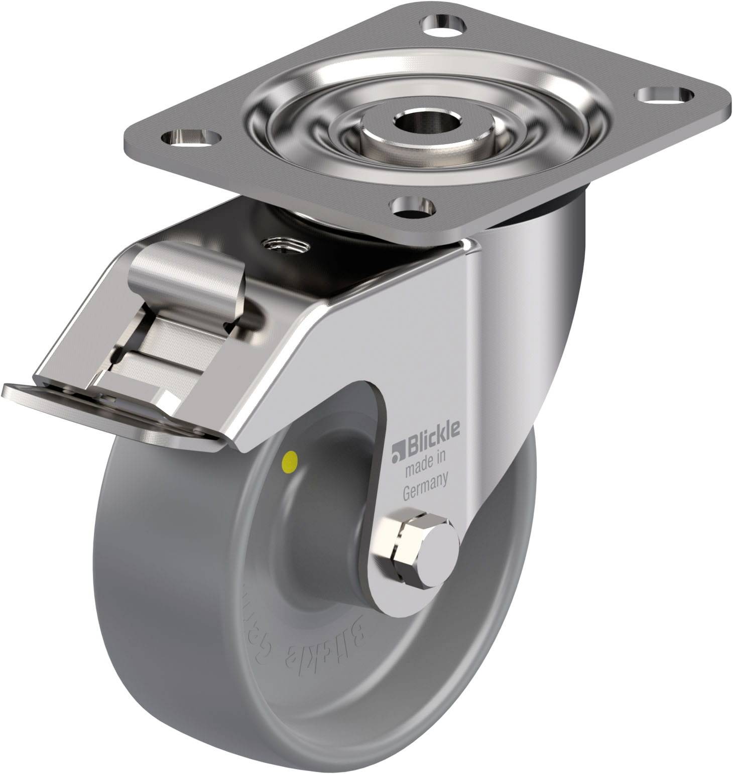 Industrie-Bockrolle aus Metall mit Bremse, für bewegliche Maschinen oder Möbel geeignet; stabiler Aufbau und drehbar.