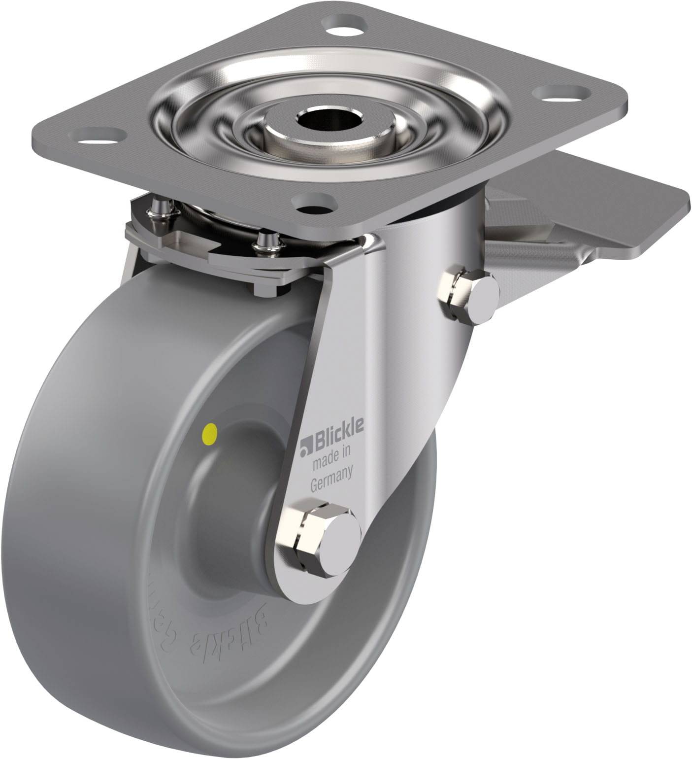 Ein graues Lenkrolle mit Metallplatte und Bremse, markiert mit 'Blickle made in Germany'.