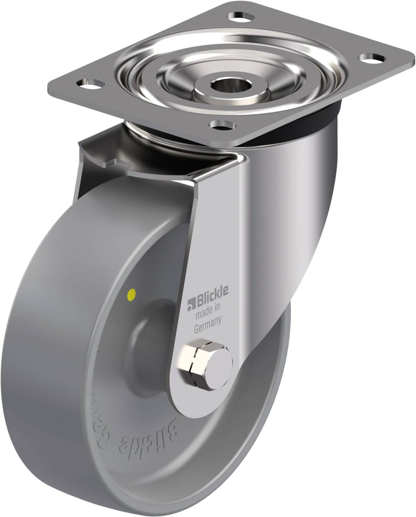 Industrie-Rollenrad mit grauem Rad, Metallgehäuse und Befestigungsplatte; seitlich beschriftet 'Blickle made in Germany'.
