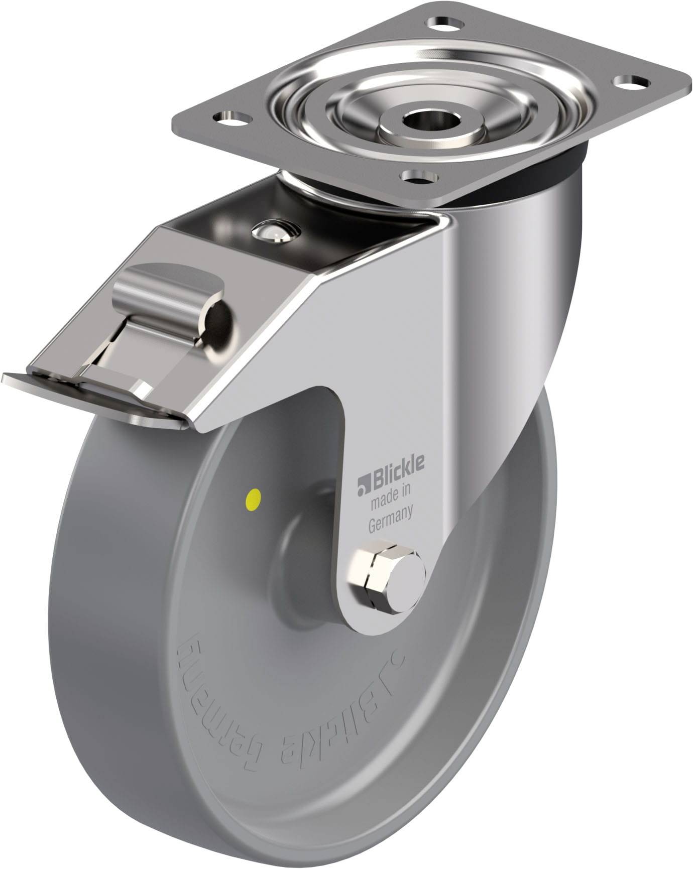 Rolle aus Metall und Gummi mit Drehgelenk und Bremse, geeignet für industrielle Anwendungen zur einfachen Bewegung schwerer Gegenstände.