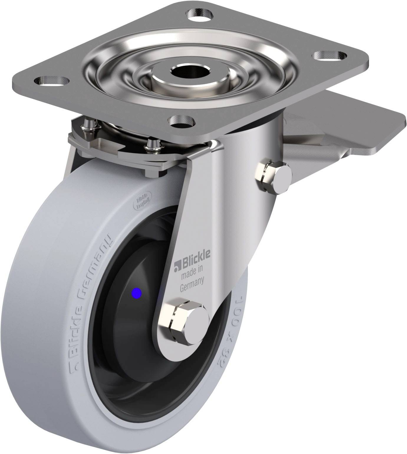 Schwenkrolle mit grauem Rad und Metallhalterung, hergestellt in Deutschland, mit Befestigungsplatte und Schutz an einer Seite.