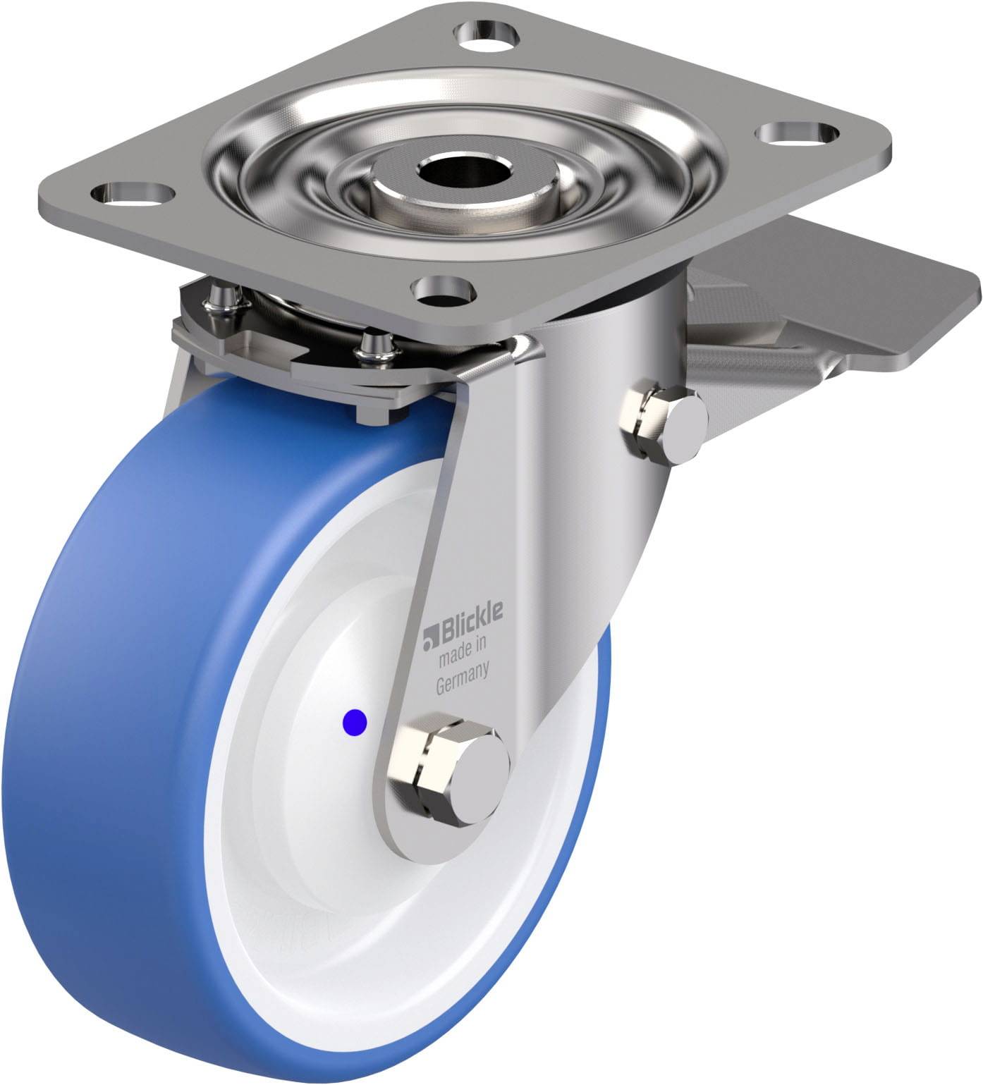 Drehschemel-Rolle mit blauem und weißem Rad, Metallbefestigung und Platte für Montage.