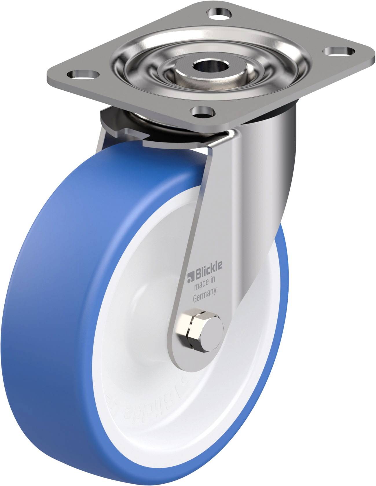 Stabiles Lenkrolle mit blauem Rad und silbernem Metallgehäuse, geeignet für den industriellen Einsatz, hergestellt von Blickle.