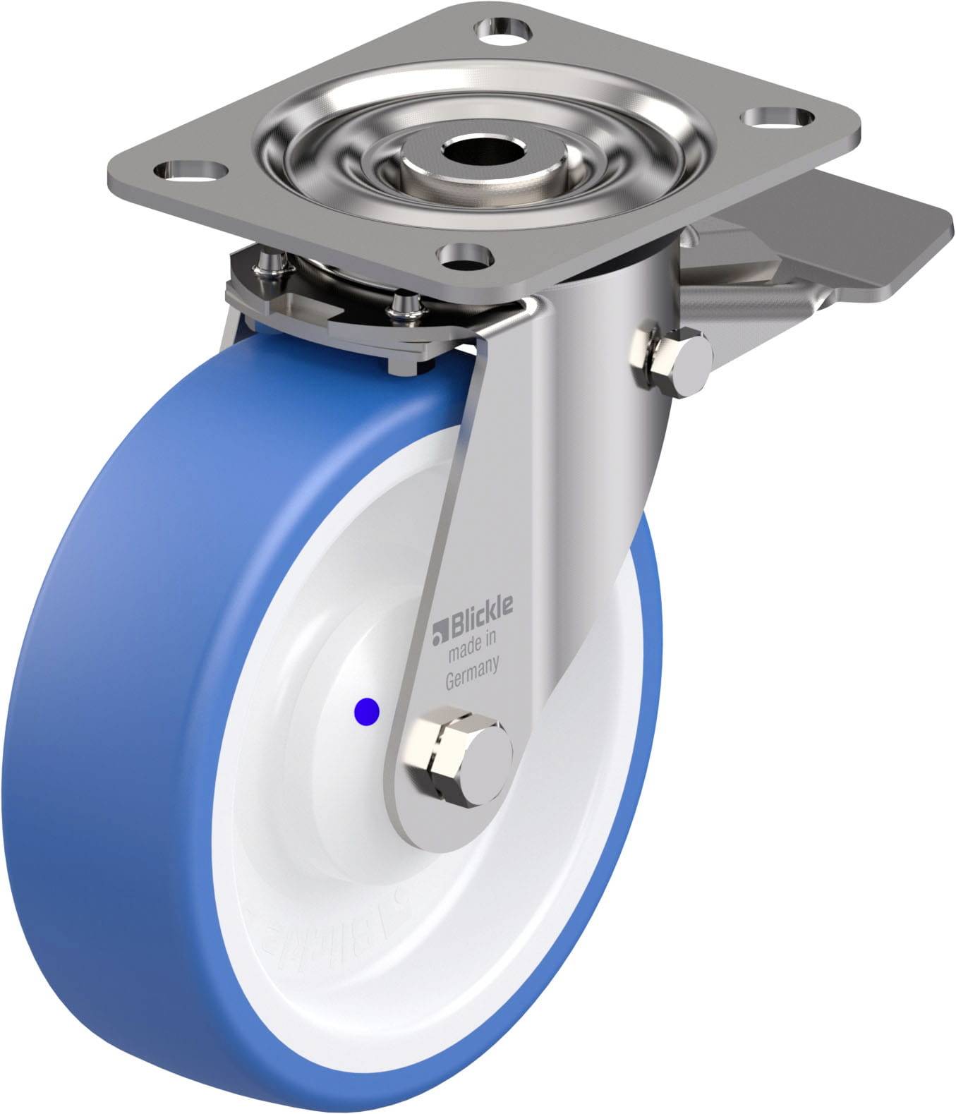Blaue Rolle mit weißem Rad und Metallhalterung, vorwärtsblickend. Befestigungsplatte oben, geeignet für bewegliche Möbelsysteme.