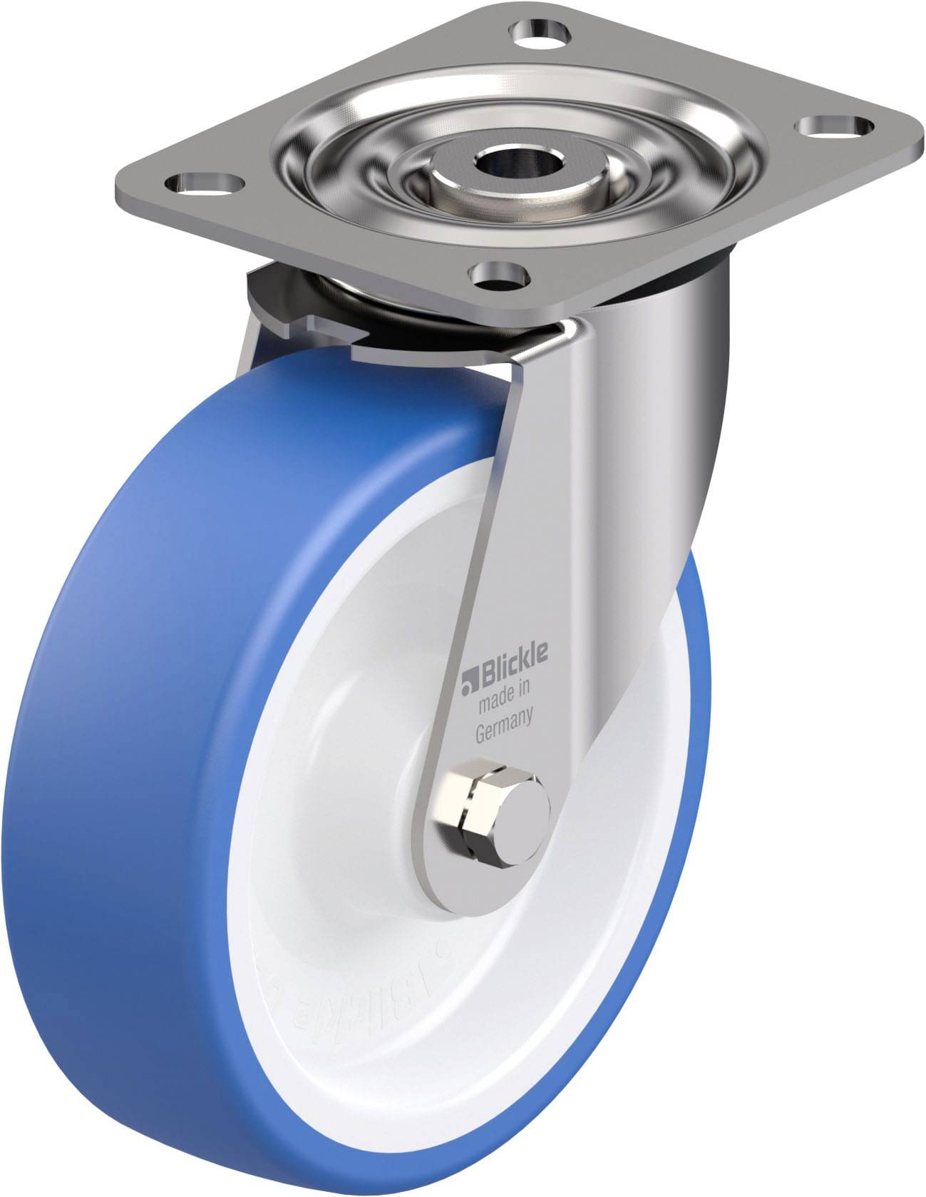 Blau-weiße Lenkrolle mit Metallhalterung und Schraubplatte von Blickle, geeignet für den Einsatz an Möbeln oder Industrieausrüstung.