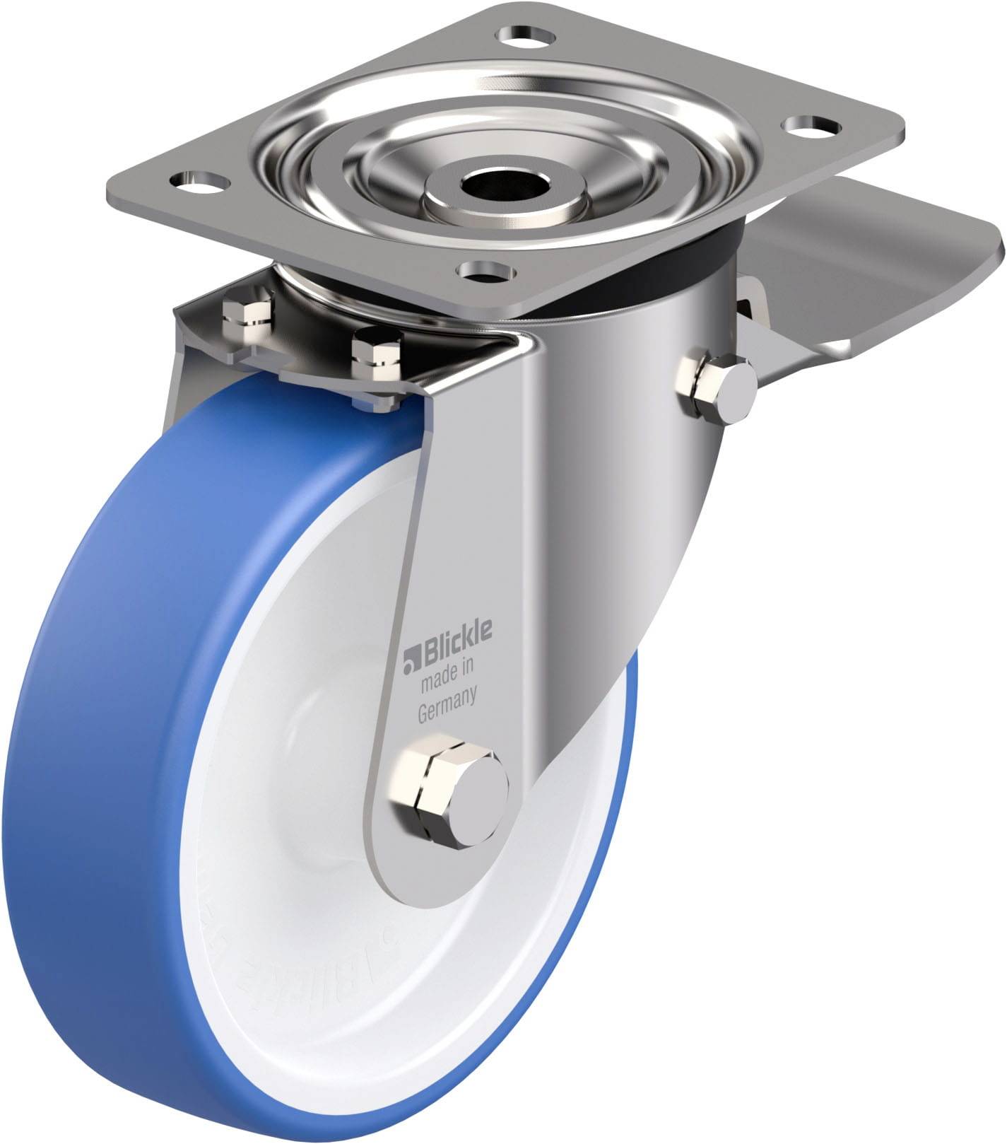 Schwenkrolle mit festem Metallgehäuse und blauer Lauffläche. Schraubplatte oben zur Befestigung. Aufschrift 'made in Germany'.