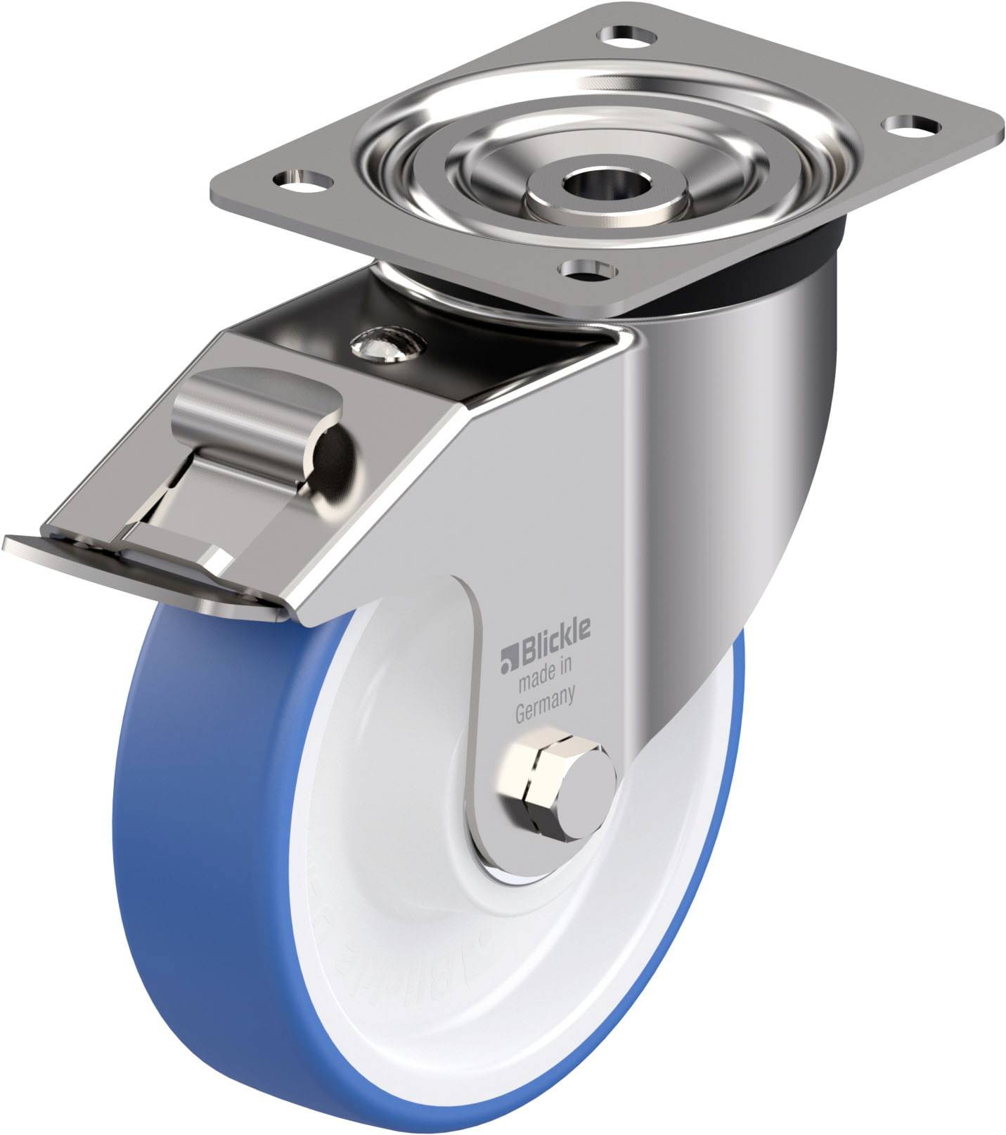 Metallisches Lenkrollenrad mit silberner Halterung und blauer Kante, geeignet für industrielle Nutzung.