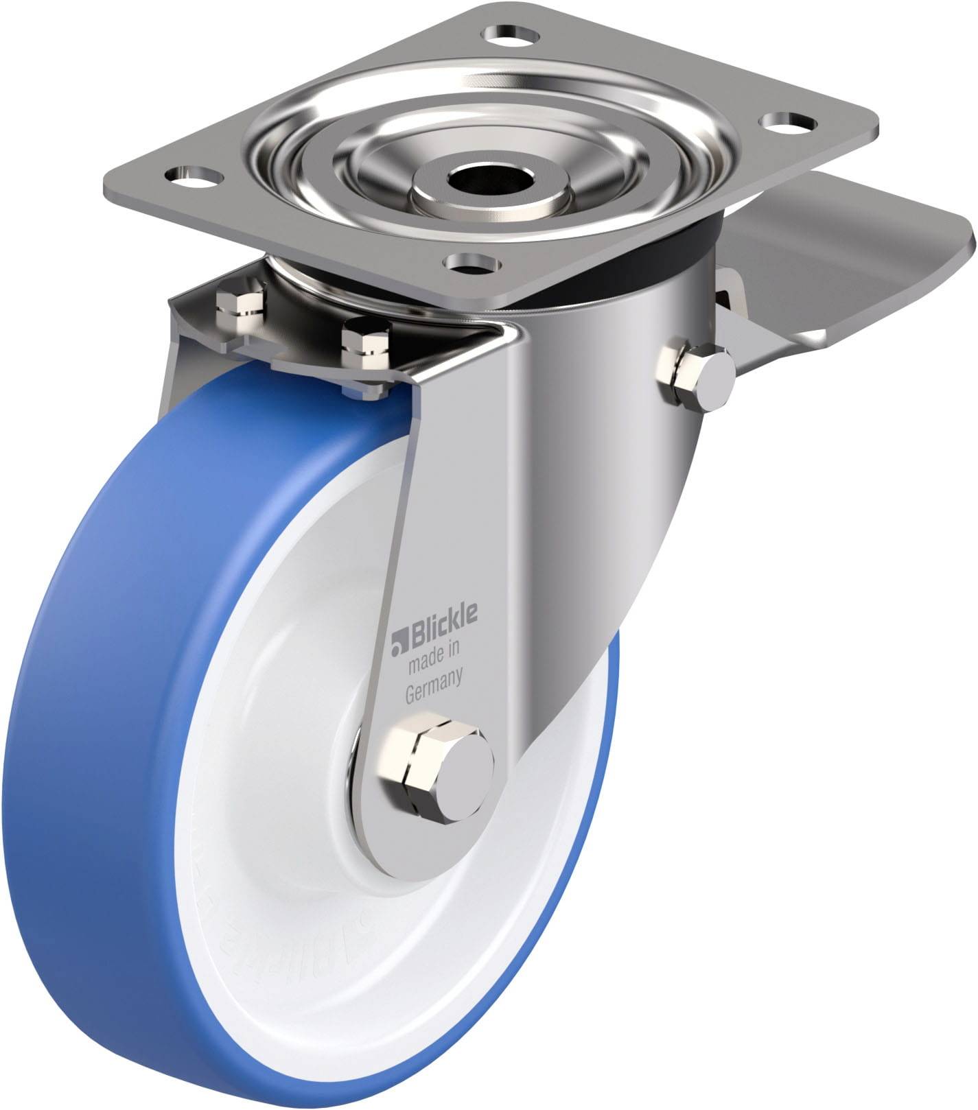 Schwenkrolle mit blauem Reifen und silbernem Metallgehäuse, geeignet für industrielle Anwendungen, zeigt Haltbarkeit und Funktionalität.