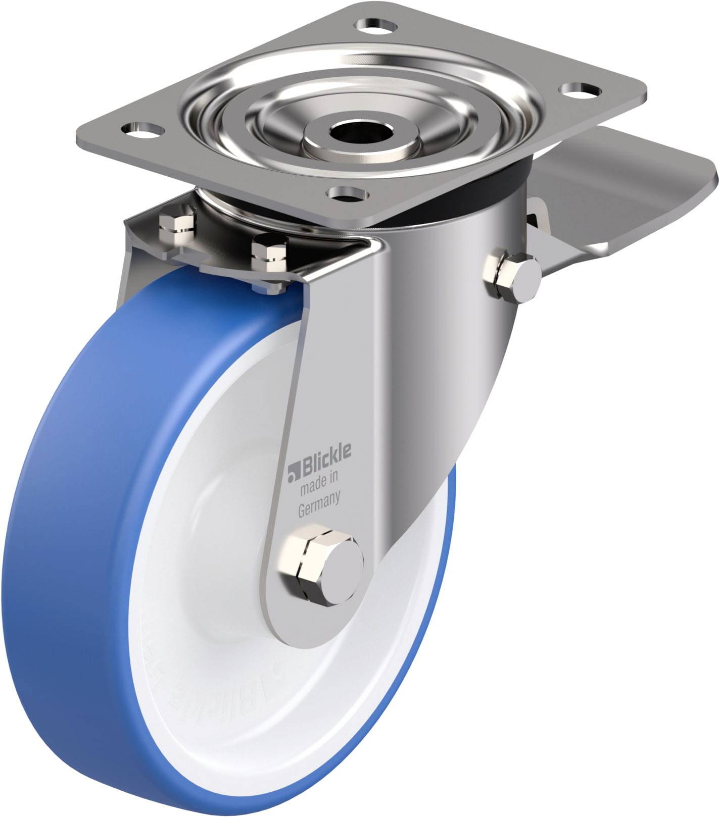 Rolle mit blauem Rad und silberner Halterung, montierbar an Möbeln oder Geräten, zum einfachen Bewegen auf glatten Oberflächen.