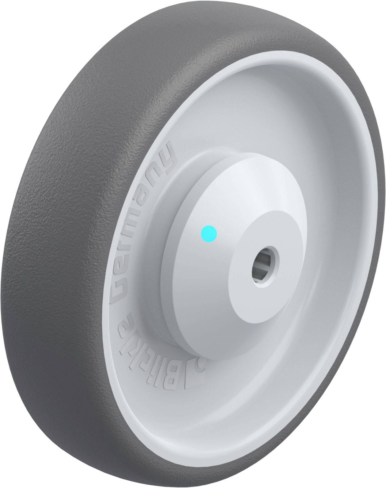 Graues Kunststoffrad mit glatter Oberfläche und zentraler Achsöffnung. Aufschrift 'Blickle Germany' seitlich sichtbar.