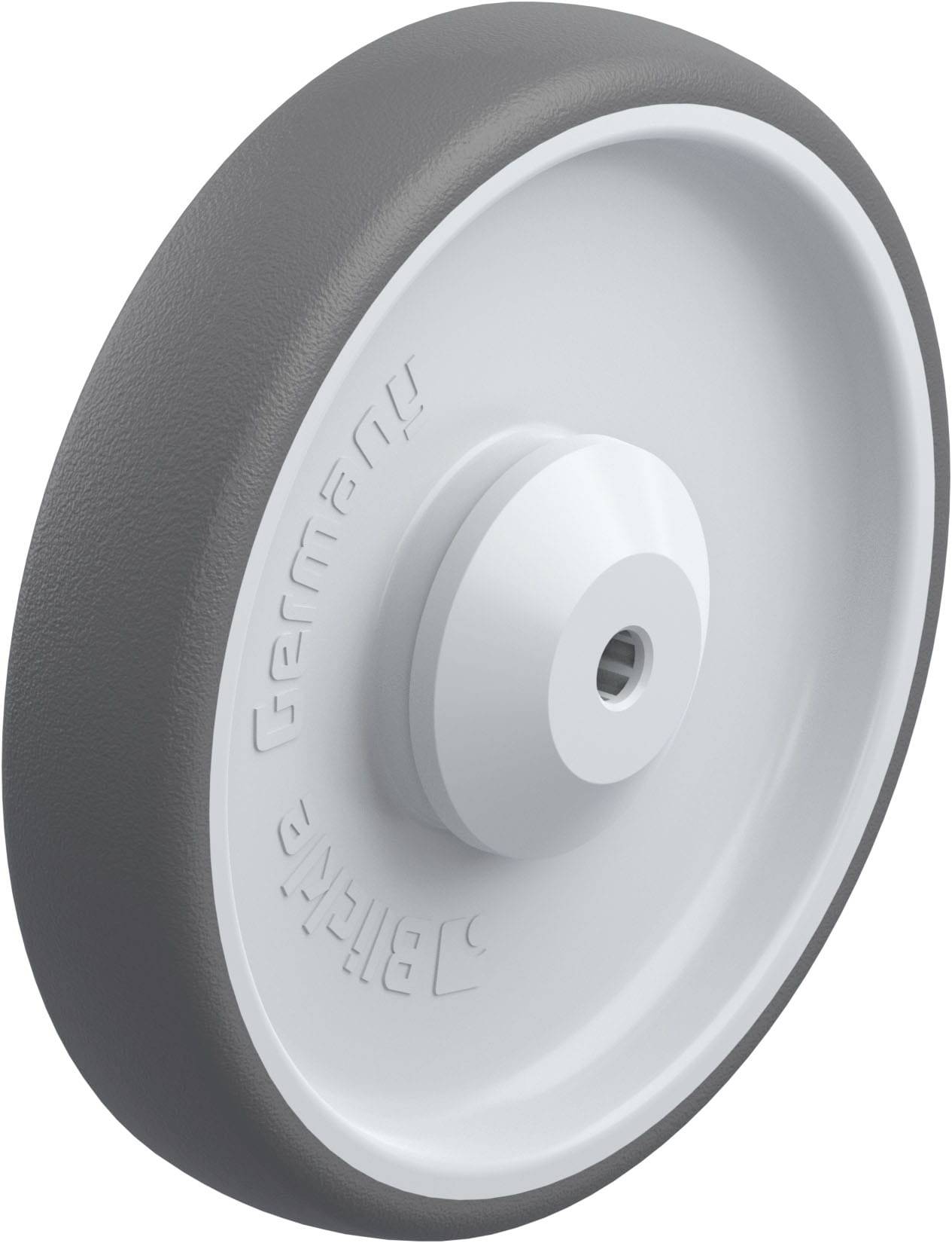 Graues und weißes Rad aus Kunststoff, geprägt mit 'Germany', montierbar auf einen Wagen oder eine Maschine.
