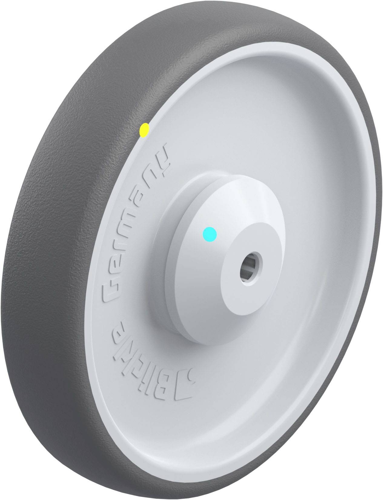 Ein grau-weißer Radreifen mit der Prägung 'Blickle Germany'. Der Reifen hat eine zentrale Bohrung zur Montage.